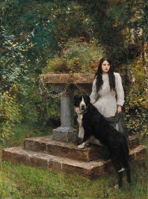 Sir Hubert von Herkomer,RA,RWS A young girl and her dog Spain oil painting art